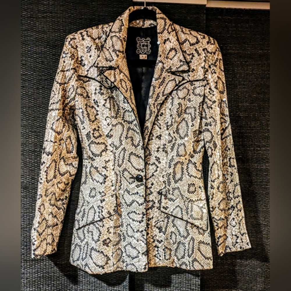 Vintage 3 Piece Cynthia Rowley Silk Snakeskin Print Dress, Blazer and Bag